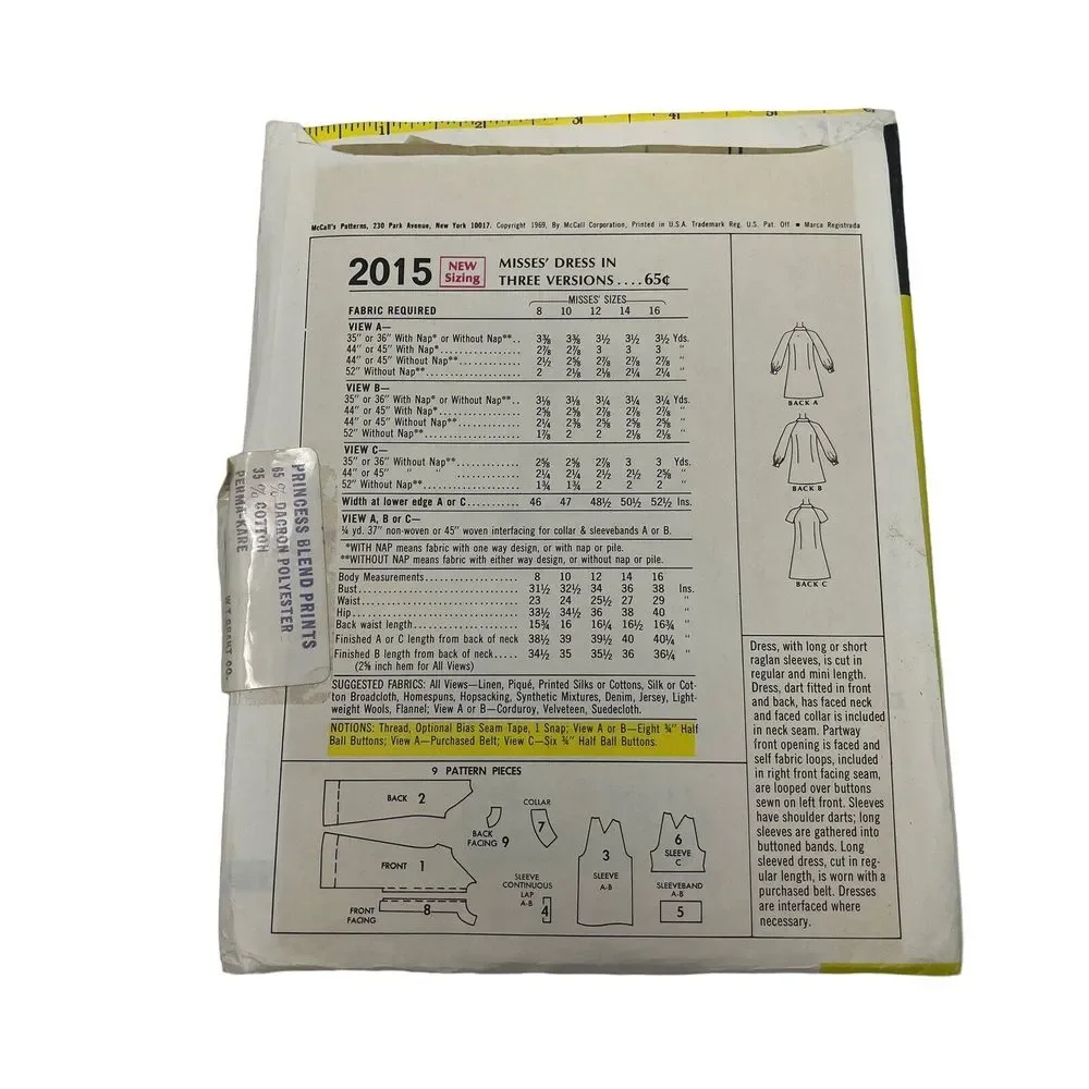 McCall's Vintage Sewing Pattern Womens #2015 Size 12 CUT Button Front‎ Dress